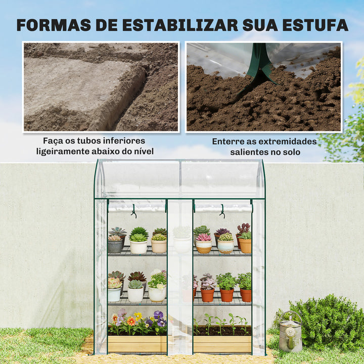 Estufa Pequena de 3 Níveis, Estufa de Exterior com 2 Portas Enroláveis, Estrutura de Aço e Cobertura de Plástico Anti-UV para Cultivo de Plantas, Flores, 143x46x165 cm, Transparente