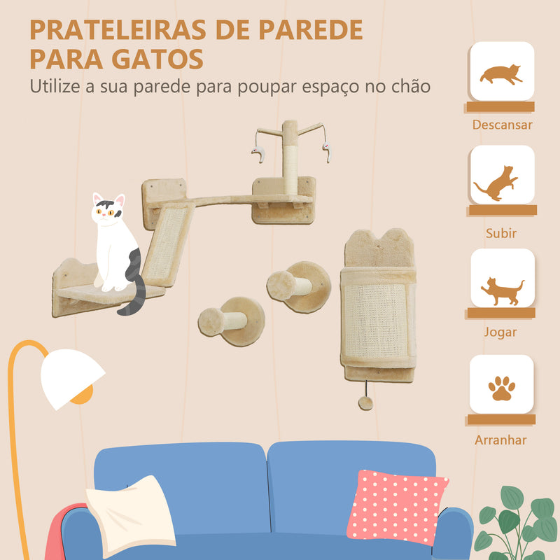 Prateiras de Parede para Gatos de 4 Peças Arranhador de Parede para Gatos com Postes de Sisal Plataforma de Salto e Bola de Brinquedo Bege