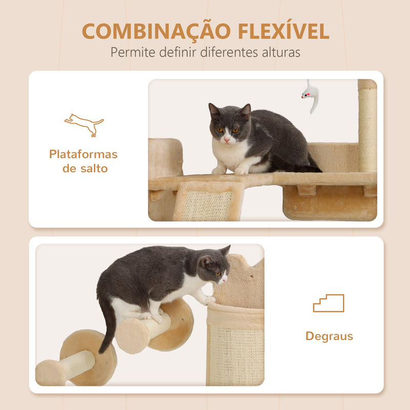 Prateiras de Parede para Gatos de 4 Peças Arranhador de Parede para Gatos com Postes de Sisal Plataforma de Salto e Bola de Brinquedo Bege