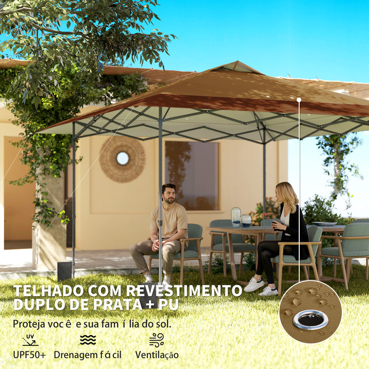 Tenda Dobrável Pop-up Gazebo 4x4 m com Bloqueio Central, UPF50+, Altura Ajustável, 4 Sacos de Areia e Bolsa de Transporte com Rodas, para Camping, Festas, Bege e Castanho