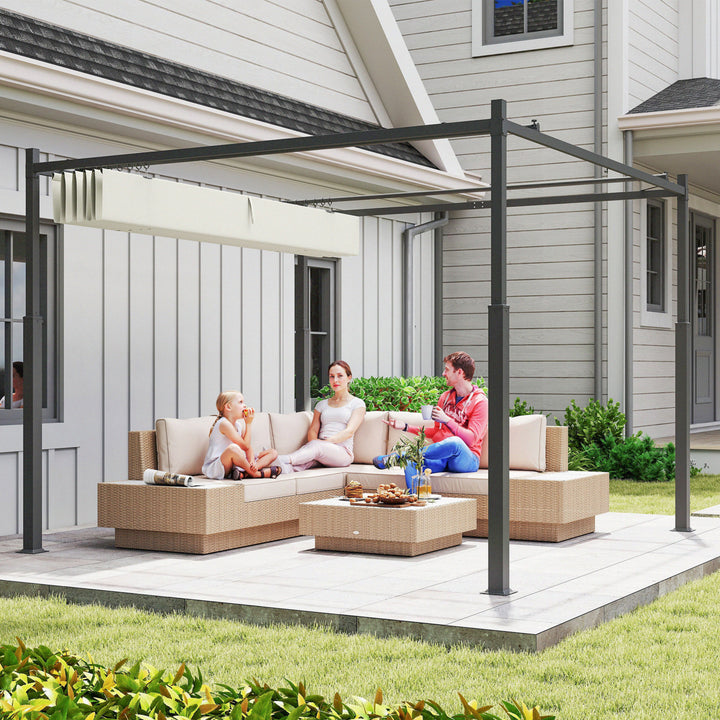 Pérgola de Jardim 3x3 m com Teto Retráctil e Acessório Magnético Pérgola de Jardim com Proteção UV30+ Colunas Metálicas e Ganchos Pérgola para Pátio, Terraço, Exterior Creme