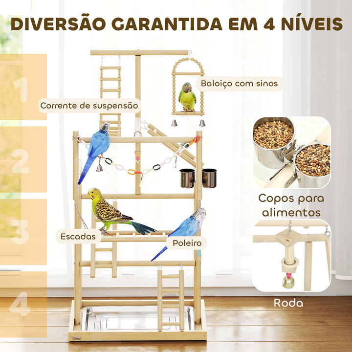 Parque de Jogos para Pássaros Suporte de Madeira para Pássaros com Escadas Baloiço Brinquedo de Corrente Bandeja Comedouros para Periquitos Cacatuas Caturras Agapornis 48x38x95 cm Madeira