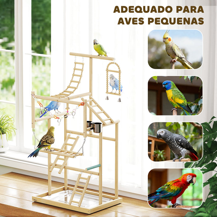 Parque de Jogos para Pássaros Suporte de Madeira para Pássaros com Escadas Baloiço Brinquedo de Corrente Bandeja Comedouros para Periquitos Cacatuas Caturras Agapornis 48x38x95 cm Madeira