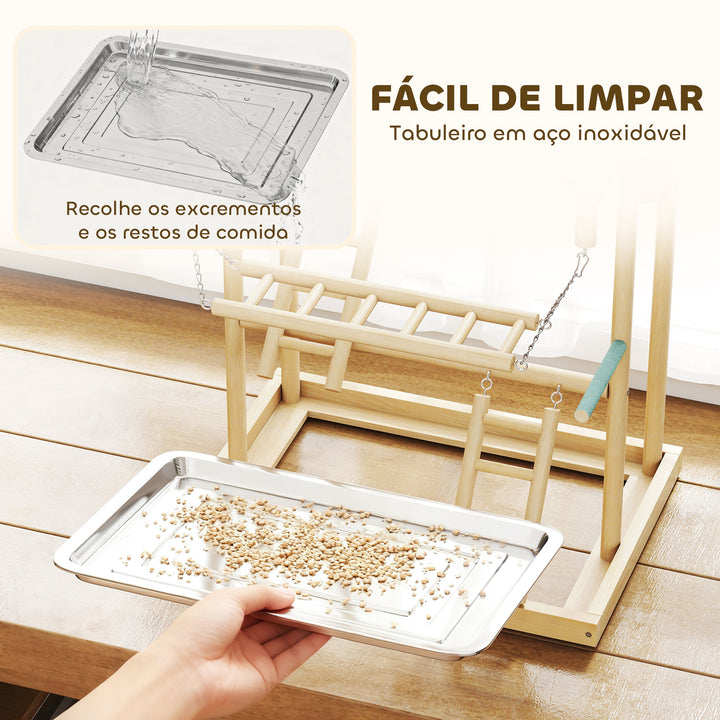 Parque de Jogos para Pássaros Suporte de Madeira para Pássaros com Escadas Baloiço Brinquedo de Corrente Bandeja Comedouros para Periquitos Cacatuas Caturras Agapornis 48x38x95 cm Madeira