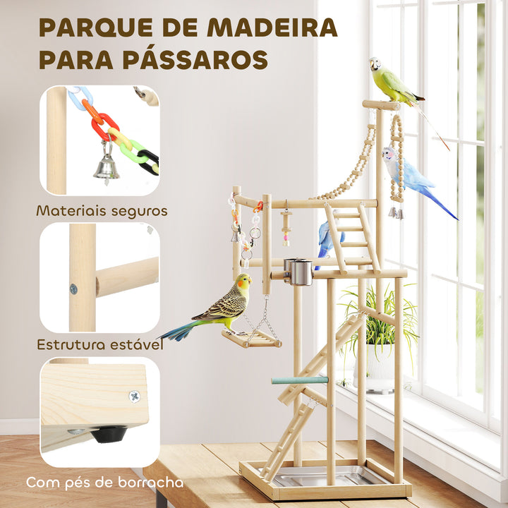 Parque de Jogos para Pássaros Suporte de Madeira para Pássaros com Escadas Baloiço Brinquedo de Corrente Bandeja Comedouros para Periquitos Cacatuas Caturras Agapornis 48x38x95 cm Madeira