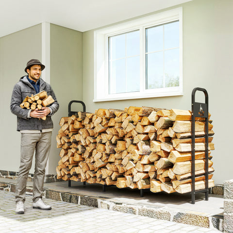 Suporte Metálico para Lenha 199x30x121 cm Suporte para Lenha de Exterior com Estrutura de Aço Pés Extra e Design Recortado de Fogueira Capacidade de Carga 300 kg para Jardim Preto