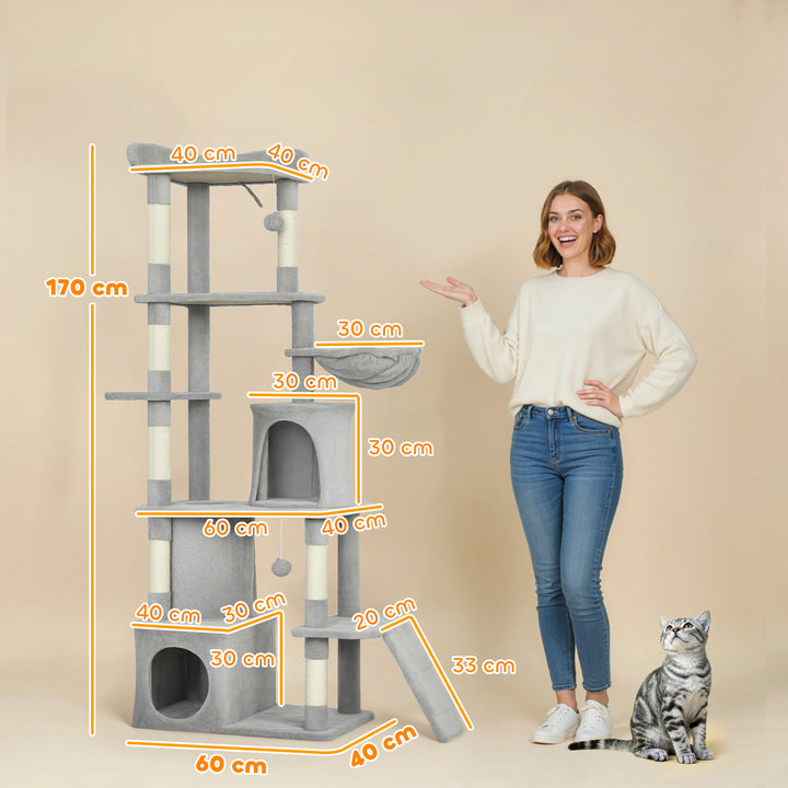 Arranhador para Gatos Grande Altura 170 cm Torre de Escalada com 7 Postes 1 Túnel 3 Plataformas 2 Cavernas 1 Rede 1 Poleiro 1 Rampa Pompons Cinzento Claro