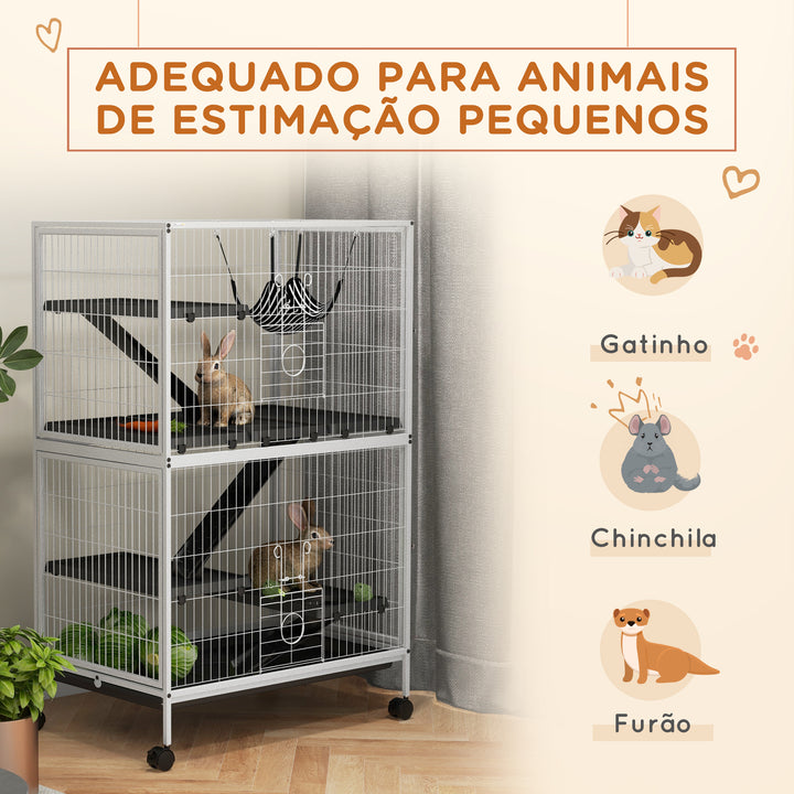 Gaiola para Roedores 80x52x128 cm Casa de 4 Alturas com Rampas Suspensa Rede Bandeja Removível Rodas Portas Branco Rajado e Preto