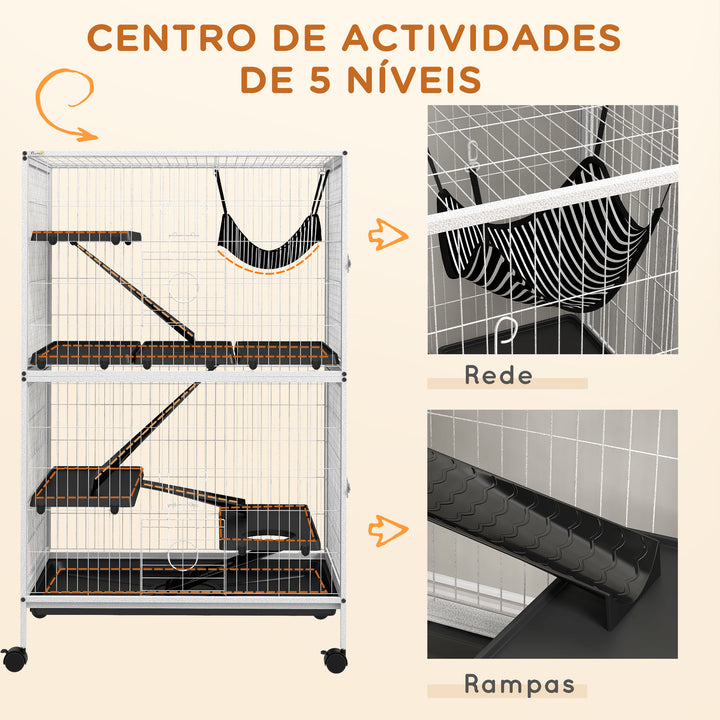 Gaiola para Roedores 80x52x128 cm Casa de 4 Alturas com Rampas Suspensa Rede Bandeja Removível Rodas Portas Branco Rajado e Preto