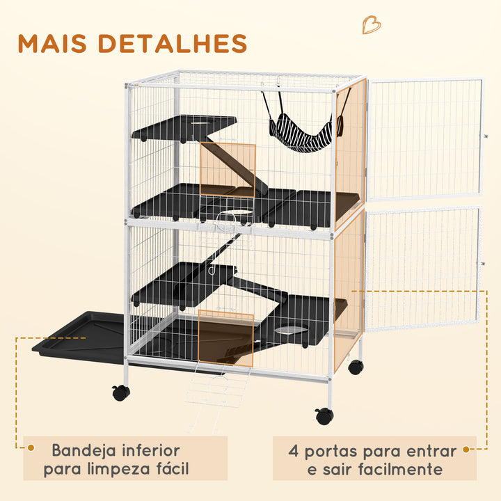 Gaiola para Roedores 80x52x128 cm Casa de 4 Alturas com Rampas Suspensa Rede Bandeja Removível Rodas Portas Branco Rajado e Preto