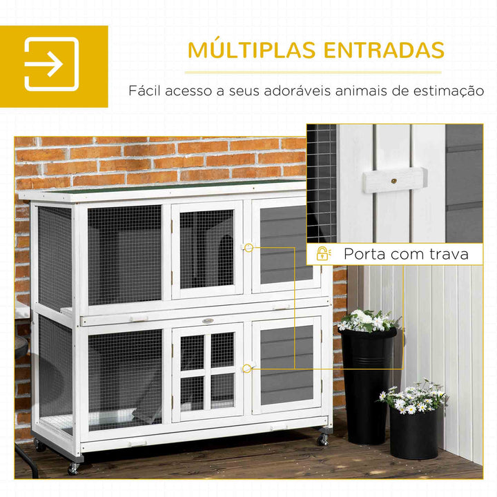 Coelheira de Madeira de 2 Níveis Gaiola para Coelhos com Rodas 2 Portas Teto Abatível e 2 Bandejas Amovíveis Coelheira para Interior e Exterior 119x50,5x109 cm Branco e Cinza
