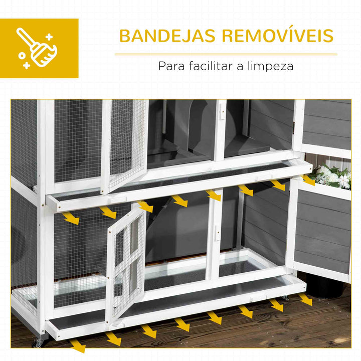 Coelheira de Madeira de 2 Níveis Gaiola para Coelhos com Rodas 2 Portas Teto Abatível e 2 Bandejas Amovíveis Coelheira para Interior e Exterior 119x50,5x109 cm Branco e Cinza