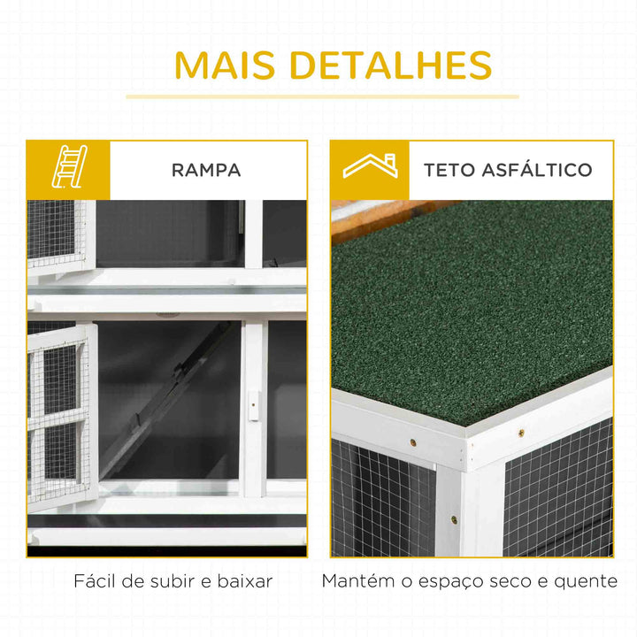 Coelheira de Madeira de 2 Níveis Gaiola para Coelhos com Rodas 2 Portas Teto Abatível e 2 Bandejas Amovíveis Coelheira para Interior e Exterior 119x50,5x109 cm Branco e Cinza