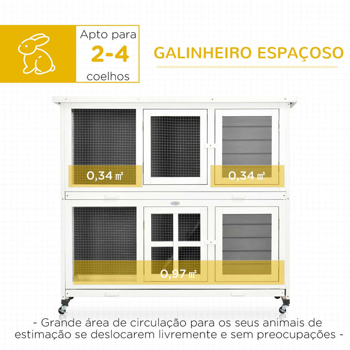 Coelheira de Madeira de 2 Níveis Gaiola para Coelhos com Rodas 2 Portas Teto Abatível e 2 Bandejas Amovíveis Coelheira para Interior e Exterior 119x50,5x109 cm Branco e Cinza