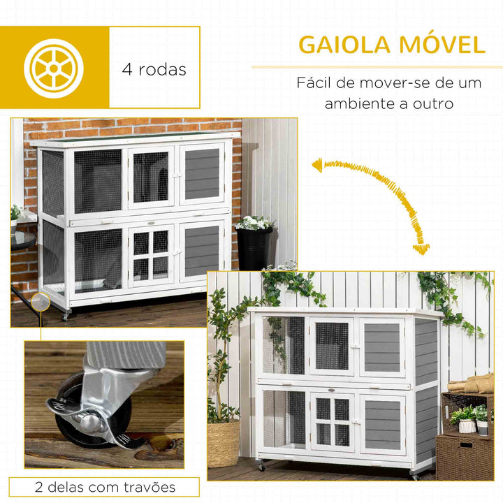 Coelheira de Madeira de 2 Níveis Gaiola para Coelhos com Rodas 2 Portas Teto Abatível e 2 Bandejas Amovíveis Coelheira para Interior e Exterior 119x50,5x109 cm Branco e Cinza