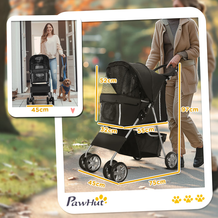 Carrinho de Passeio para Animais de Estimação Carrinho para Cães e Gatos Dobrável com Capô Ajustável Cesta de Armazenamento Suporte para Copos e Travão 75x45x97 cm Preto