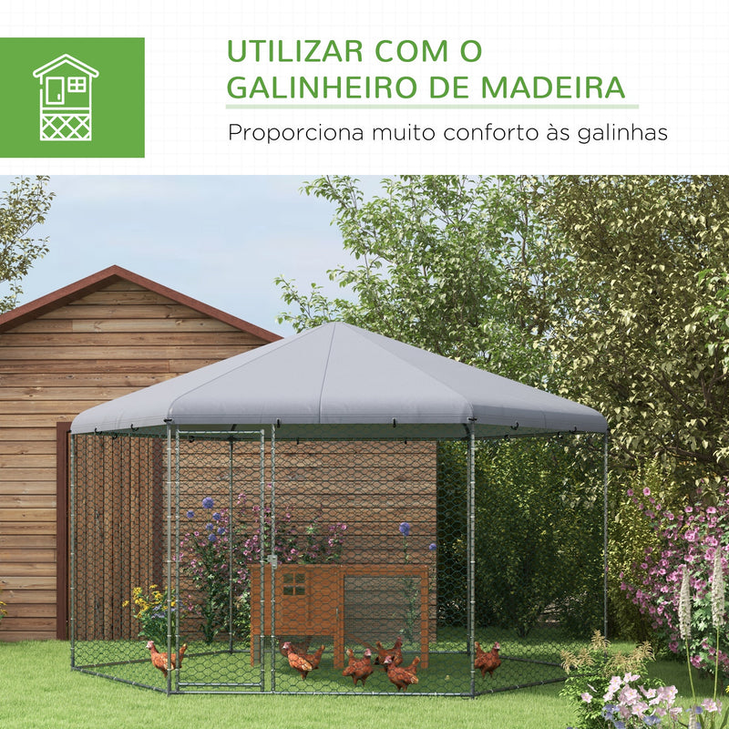 Galinheiro Grande de Exterior em Aço 400x346x263 cm Estrutura Hexagonal Coberta com Tecido Oxford Resistente aos Raios UV e Impermeável para Jardim Prata