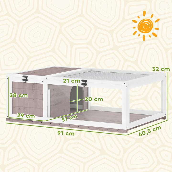 Casa para Tartarugas de Madeira Terrario para Reptéis com Teto de Malha Painéis Laterais Transparentes e Trava de Segurança 91x60,5x32 cm Castanho Acinzentado