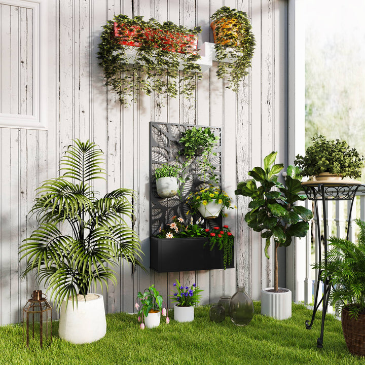 Floreira de Exterior Floreira de Metal com Ecrã de Privacidade com Folhas Decorativas Floreira de Parede ou Independente para Pátio Varanda 61x23x113 cm Preto
