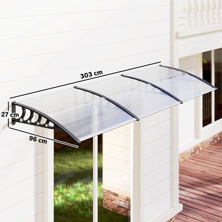 Marquise de Proteção 300x96cm Marquise Exterior para Portas e Janelas Contra o Sol e Chuva com Suporte Liga de Alumínio Policarbonato Transparente