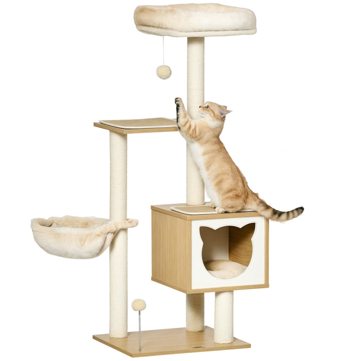 Árvore Arranhador para Gatos com Plataforma Altura 126 cm Torre de Escalar para Gatos com Rede Caverna Cama Postes de Sisal e Bolas de Brincar 48x40x126 cm Bege