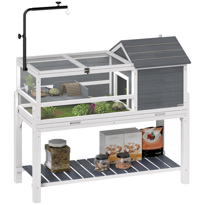 Casa para Tartarugas de Madeira Terrário para Répteis com Suporte para Lâmpada Ajustável Tampas Articuladas Bandeja Removível Prateleira de Armazenamento e Painéis Transparentes 124x55x109 cm Branco e Cinza