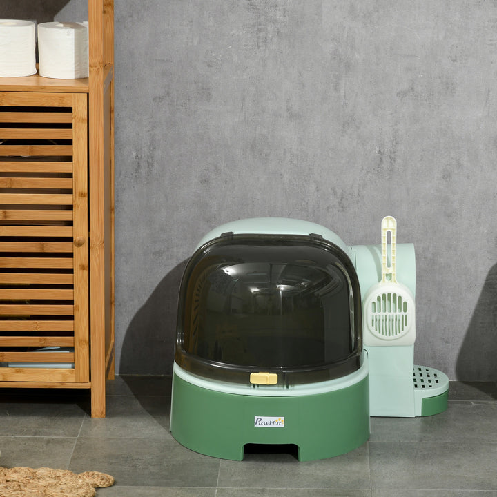 Caixa de Areia para Gatos com Cobertura Caixa de Areia para Gatos com Forma de Cápsula Espacial com 2 Bandejas Amovíveis e Pá 52x60x42 cm Verde
