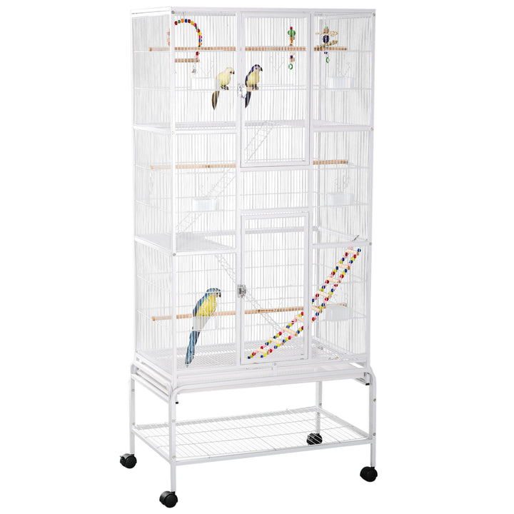 Gaiola para Pássaros com Rodas 83x53x180 cm Gaiola Metálica de 3 Níveis com 3 Poleiros Comedouros Brinquedos Rampas e Prateleira de Armazenamento para Canários Periquitos Branco