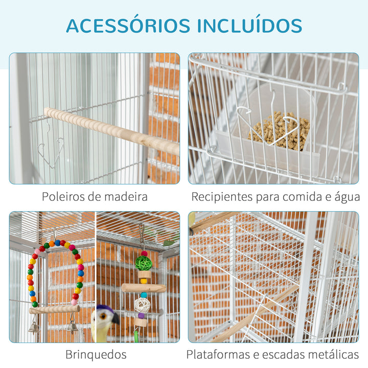 Gaiola para Pássaros com Rodas 83x53x180 cm Gaiola Metálica de 3 Níveis com 3 Poleiros Comedouros Brinquedos Rampas e Prateleira de Armazenamento para Canários Periquitos Branco