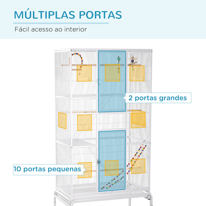 Gaiola para Pássaros com Rodas 83x53x180 cm Gaiola Metálica de 3 Níveis com 3 Poleiros Comedouros Brinquedos Rampas e Prateleira de Armazenamento para Canários Periquitos Branco