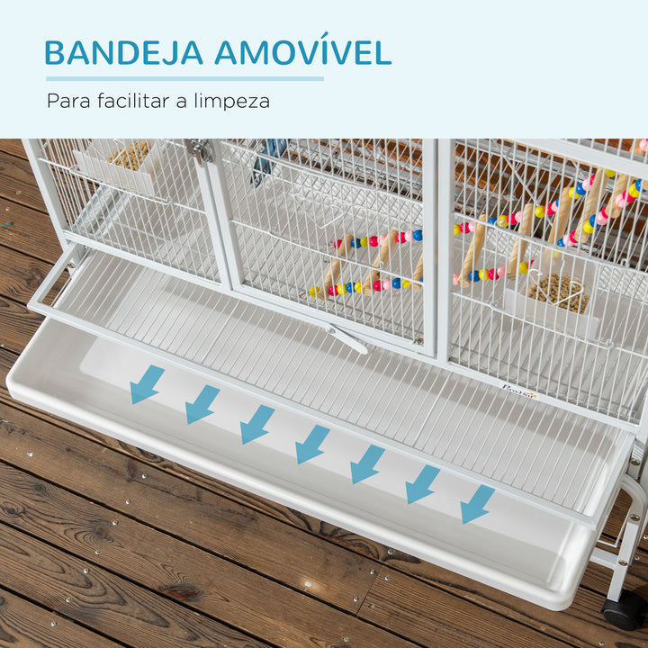 Gaiola para Pássaros com Rodas 83x53x180 cm Gaiola Metálica de 3 Níveis com 3 Poleiros Comedouros Brinquedos Rampas e Prateleira de Armazenamento para Canários Periquitos Branco