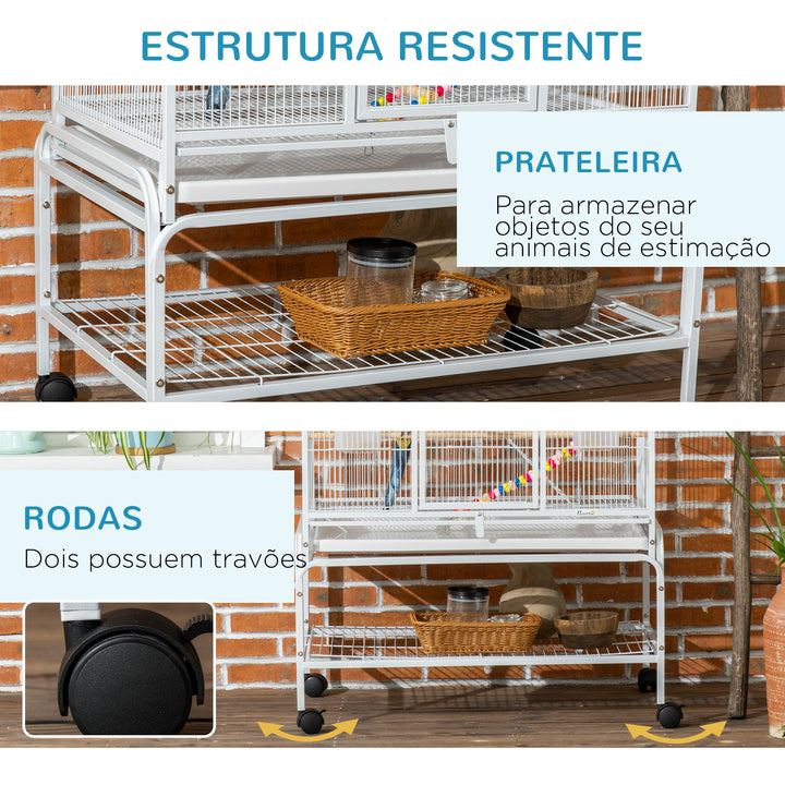 Gaiola para Pássaros com Rodas 83x53x180 cm Gaiola Metálica de 3 Níveis com 3 Poleiros Comedouros Brinquedos Rampas e Prateleira de Armazenamento para Canários Periquitos Branco