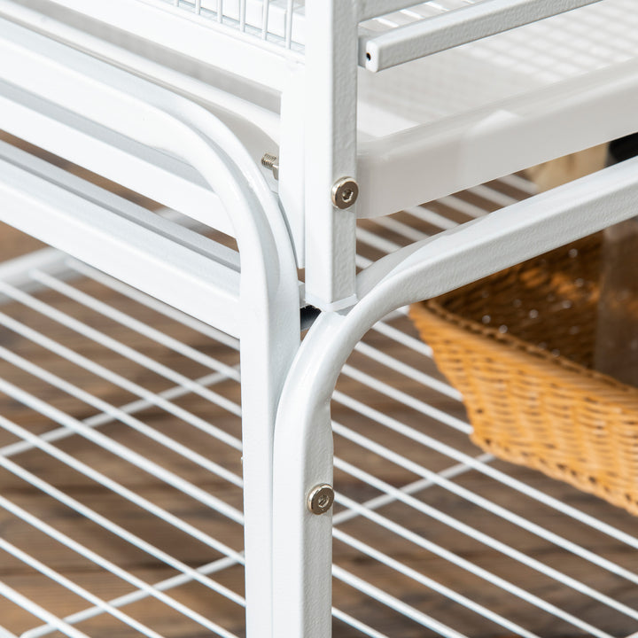 Gaiola para Pássaros com Rodas 83x53x180 cm Gaiola Metálica de 3 Níveis com 3 Poleiros Comedouros Brinquedos Rampas e Prateleira de Armazenamento para Canários Periquitos Branco