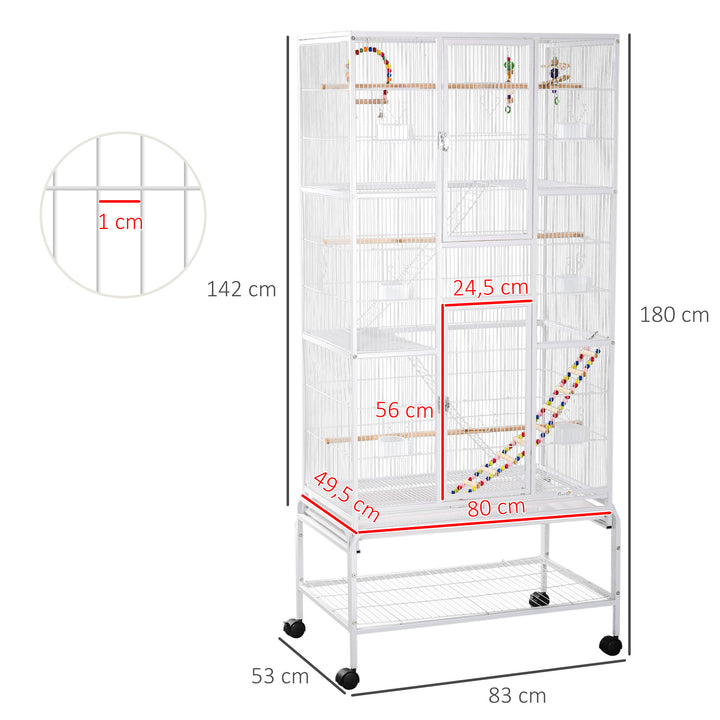 Gaiola para Pássaros com Rodas 83x53x180 cm Gaiola Metálica de 3 Níveis com 3 Poleiros Comedouros Brinquedos Rampas e Prateleira de Armazenamento para Canários Periquitos Branco
