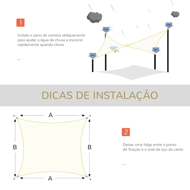 Vela de Sombra Retangular 3x4 m Toldo Vela de HDPE com Proteção UV Aneis em Forma de D e Cordas para Jardim Pátio Piscina Creme