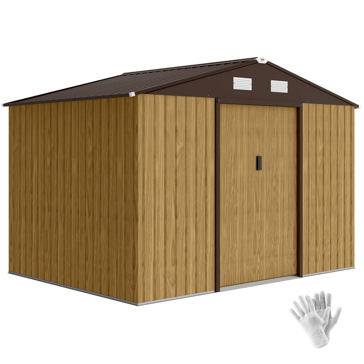 Abrigo de Jardim Exterior 4,9 m², 277x195x192 cm, Casota de Jardim Metálica com Porta de Correr, Ventilação e Kit de Fundação, para Armazenamento de Ferramentas, Castanho Claro