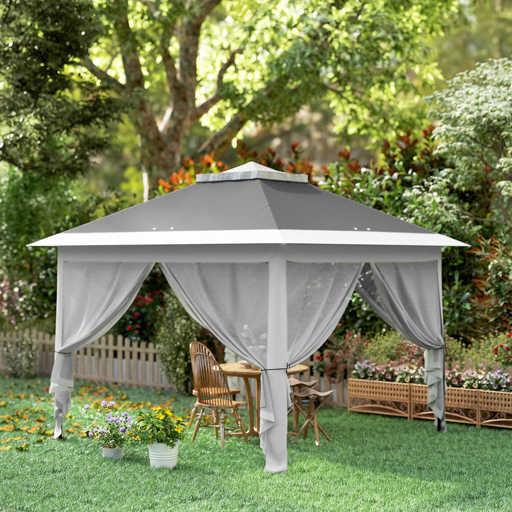 Tenda Dobrável 3,3x3,3 m Pop-Up, Pérgola de Jardim com Altura Ajustável (3 Níveis), Teto Duplo, 4 Mosquiteiros Removíveis e Bolsa de Transporte, Impermeável, Anti-UV para Exterior, Cinzento Escuro