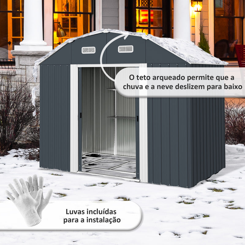 Abrigo de Jardim 2,7 m² 238x132x198,5 cm Abrigo de Exterior Metálico com Base Prateleiras Ajustáveis 2 Portas de Correr e 2 Janelas de Ventilação Cinza Escuro