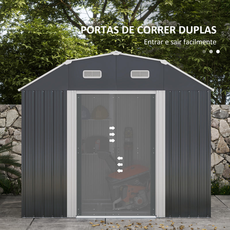 Abrigo de Jardim 2,7 m² 238x132x198,5 cm Abrigo de Exterior Metálico com Base Prateleiras Ajustáveis 2 Portas de Correr e 2 Janelas de Ventilação Cinza Escuro