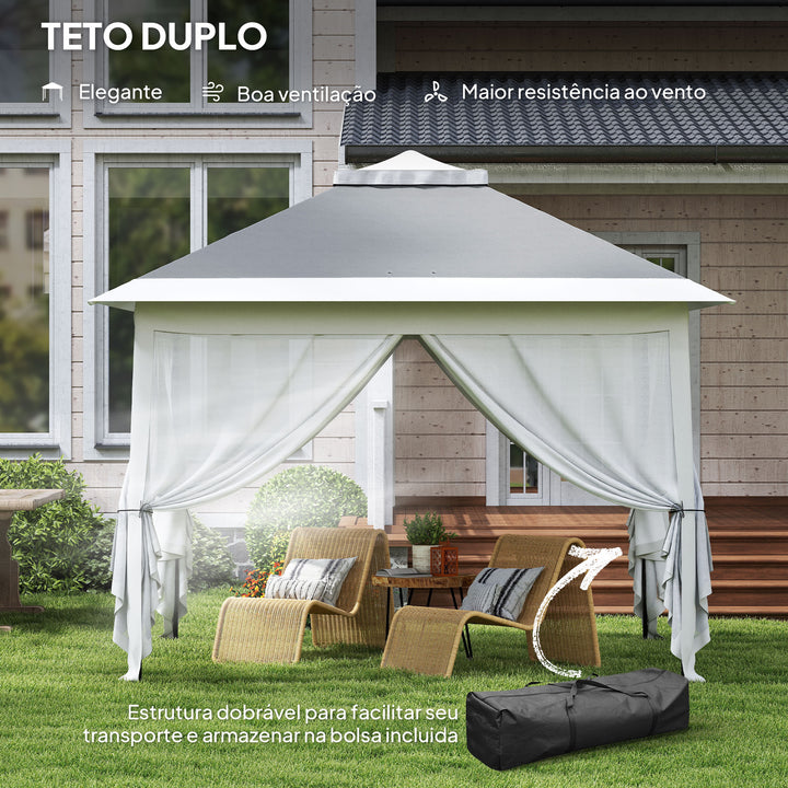 Tenda Dobrável 3,3x3,3 m Pop-Up, Pérgola de Jardim com Altura Ajustável (3 Níveis), Teto Duplo, 4 Mosquiteiros Removíveis e Bolsa de Transporte, Impermeável, Anti-UV para Exterior, Cinzento Escuro