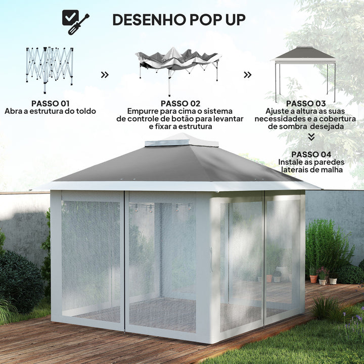 Tenda Dobrável 3,3x3,3 m Pop-Up, Pérgola de Jardim com Altura Ajustável (3 Níveis), Teto Duplo, 4 Mosquiteiros Removíveis e Bolsa de Transporte, Impermeável, Anti-UV para Exterior, Cinzento Escuro
