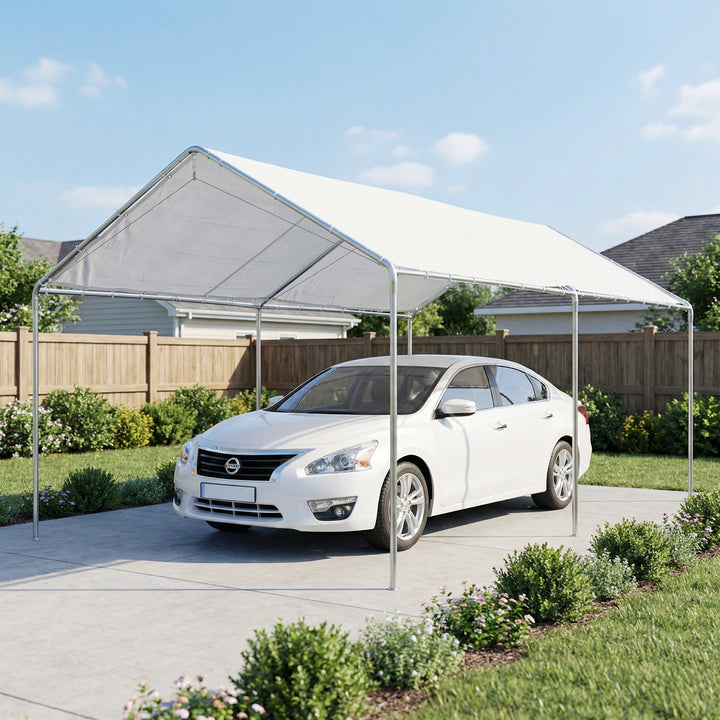 Tenda Garagem para Carro 3x6 m, Abrigo Exterior Portátil com Estrutura de Aço Galvanizado, Impermeável, Anti-UV, Pavilhão Gazebo de Jardim com Acessórios, para Eventos, Festas, Branco