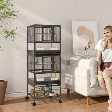 Gaiola para Pássaros Gaiola Grande de 2 Níveis com Rodas Painéis Acrílicos Comedouros Poleiros Prateleira Bandejas Amovíveis Gaiola para Papagaios Canários 48x46x134,5 cm Preto