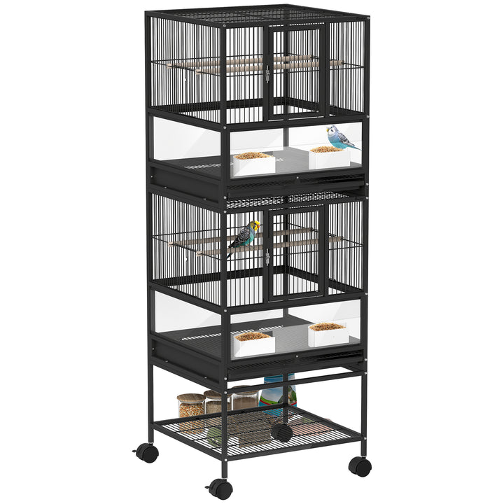 Gaiola para Pássaros Gaiola Grande de 2 Níveis com Rodas Painéis Acrílicos Comedouros Poleiros Prateleira Bandejas Amovíveis Gaiola para Papagaios Canários 48x46x134,5 cm Preto