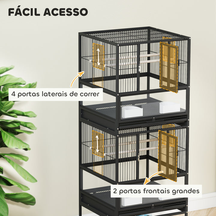 Gaiola para Pássaros Gaiola Grande de 2 Níveis com Rodas Painéis Acrílicos Comedouros Poleiros Prateleira Bandejas Amovíveis Gaiola para Papagaios Canários 48x46x134,5 cm Preto
