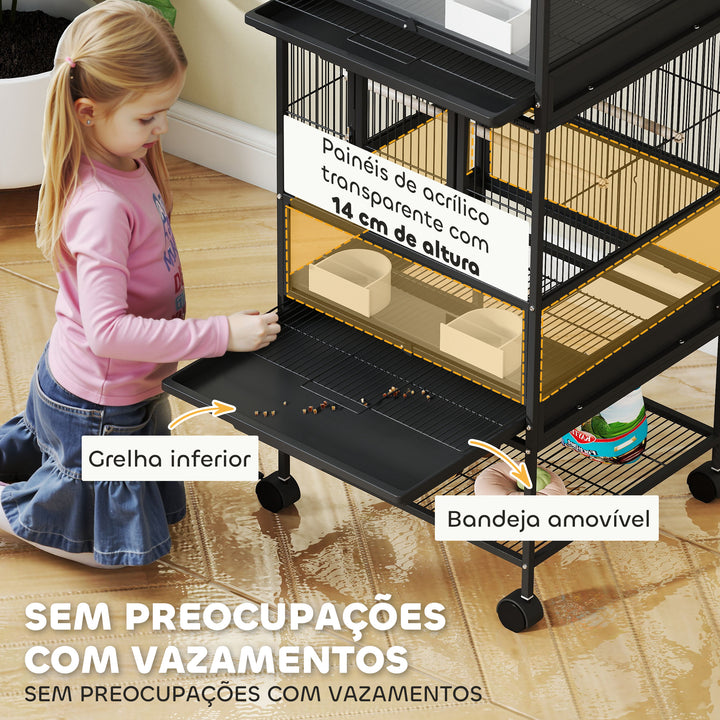 Gaiola para Pássaros Gaiola Grande de 2 Níveis com Rodas Painéis Acrílicos Comedouros Poleiros Prateleira Bandejas Amovíveis Gaiola para Papagaios Canários 48x46x134,5 cm Preto