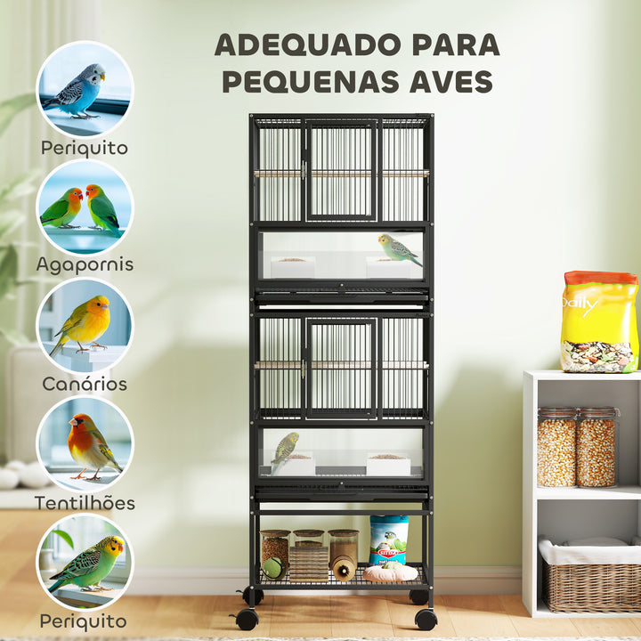 Gaiola para Pássaros Gaiola Grande de 2 Níveis com Rodas Painéis Acrílicos Comedouros Poleiros Prateleira Bandejas Amovíveis Gaiola para Papagaios Canários 48x46x134,5 cm Preto