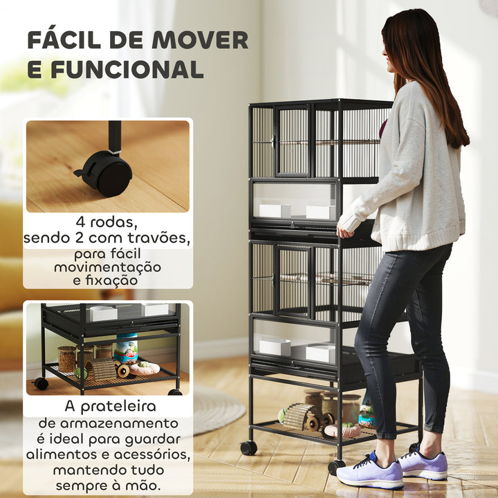 Gaiola para Pássaros Gaiola Grande de 2 Níveis com Rodas Painéis Acrílicos Comedouros Poleiros Prateleira Bandejas Amovíveis Gaiola para Papagaios Canários 48x46x134,5 cm Preto