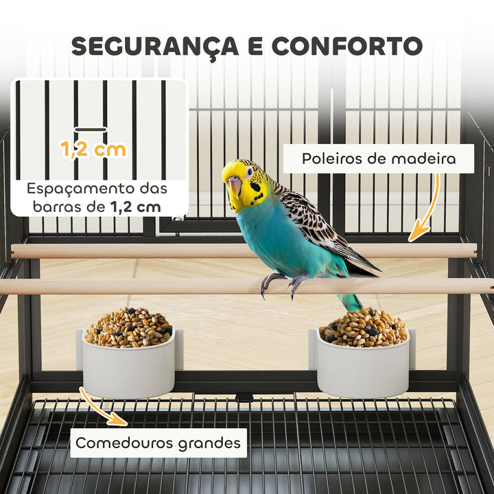 Gaiola para Pássaros Gaiola Grande de 2 Níveis com Rodas Painéis Acrílicos Comedouros Poleiros Prateleira Bandejas Amovíveis Gaiola para Papagaios Canários 48x46x134,5 cm Preto