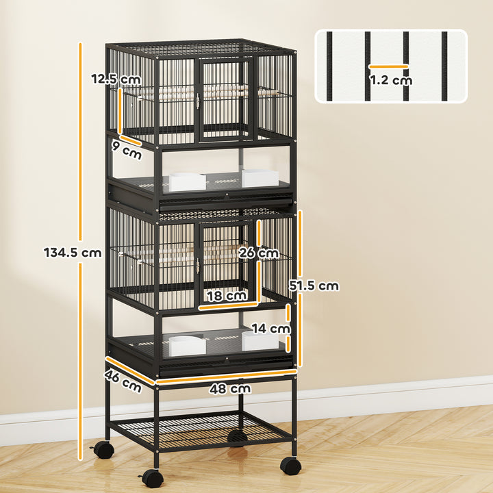Gaiola para Pássaros Gaiola Grande de 2 Níveis com Rodas Painéis Acrílicos Comedouros Poleiros Prateleira Bandejas Amovíveis Gaiola para Papagaios Canários 48x46x134,5 cm Preto